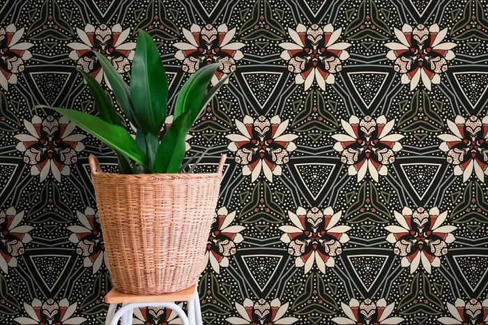 Geometric Floral Wallpaper With Stylized Blooms In Black, Cream, And Red – X025