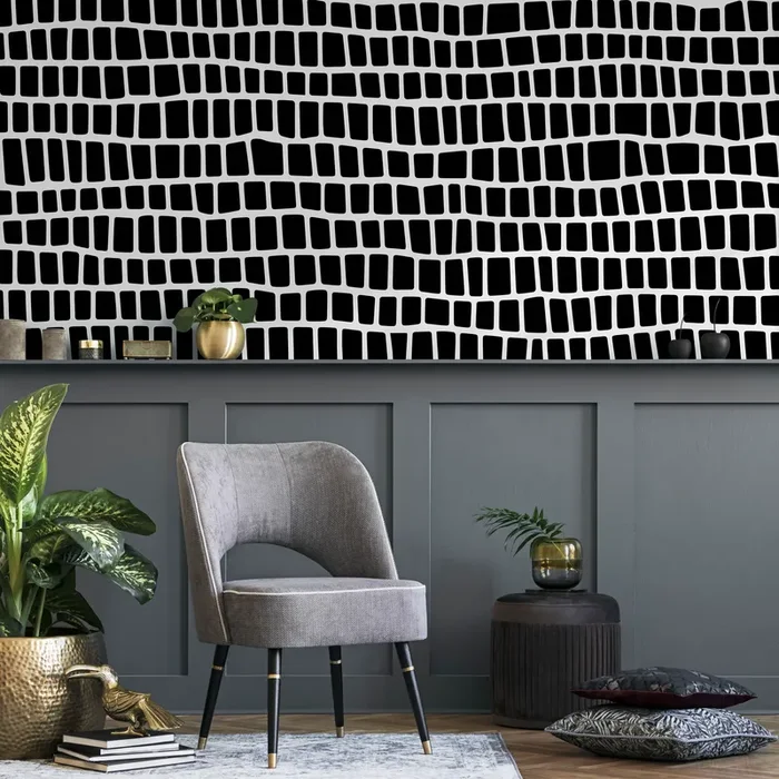 Geometric Wallpaper Featuring An Irregular Block Print In Black And White – C054