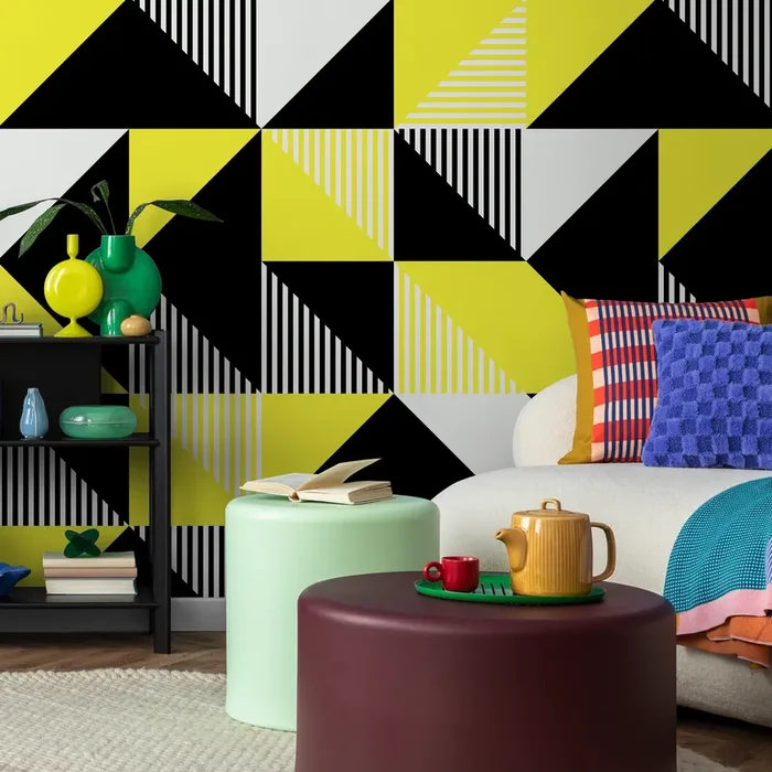 Geometric Wallpaper With A Bold Triangle And Stripe Pattern In Black, Yellow, And Gray – B076