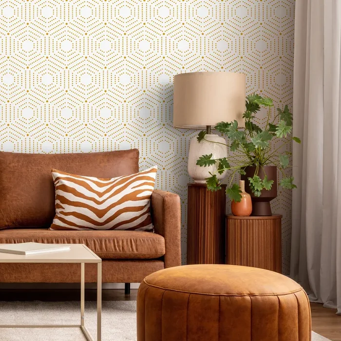 Geometric Wallpaper With A Dotted Hexagon Motif In Yellow – A909