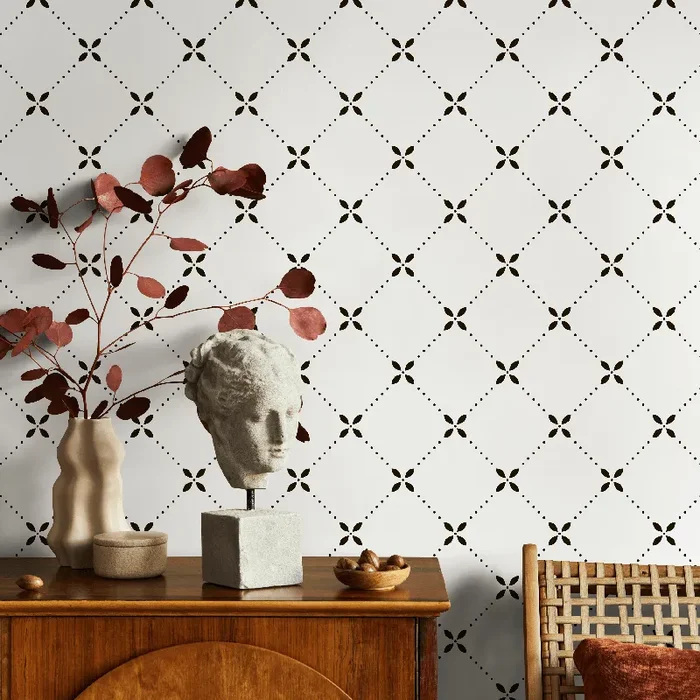 Geometric Wallpaper With A Dotted Trellis Motif In Black – B293