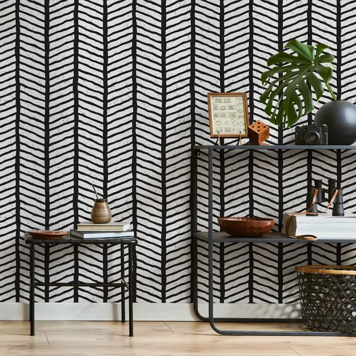 Geometric Wallpaper With A Hand-drawn Chevron Pattern In Black And White – B396