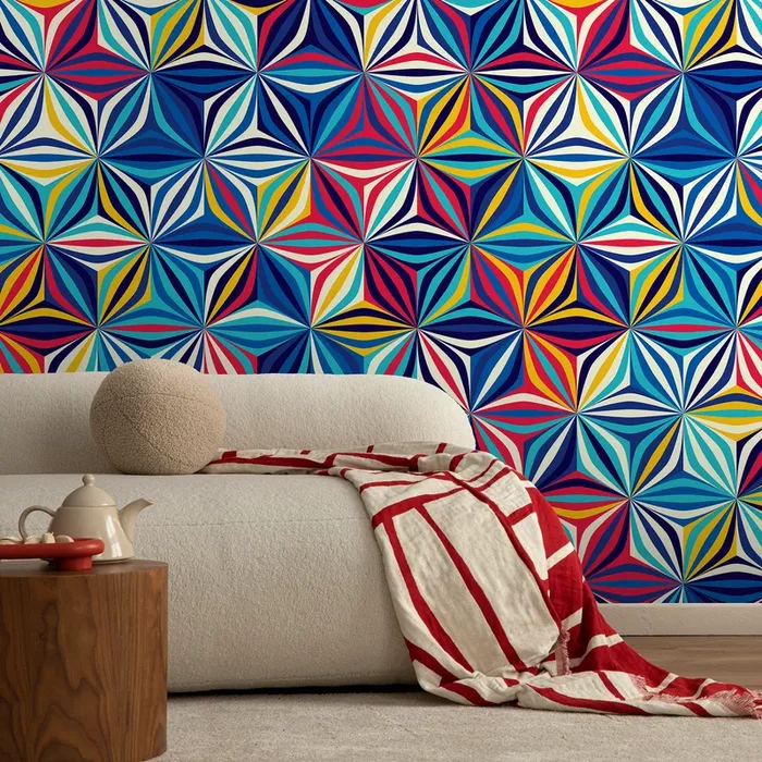 Geometric Wallpaper With A Kaleidoscopic Motif In Blue, Red, And Yellow – A865