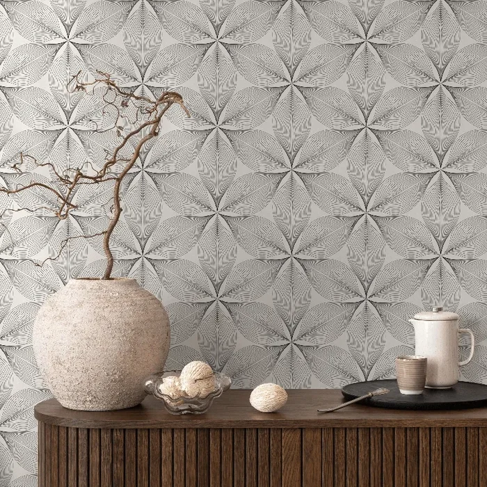 Geometric Wallpaper With A Linear Floral Motif In Black And Gray – B818