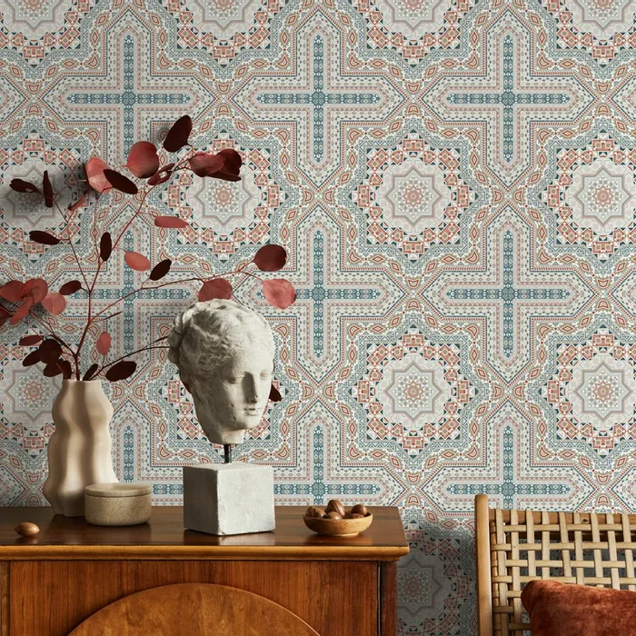 Geometric Wallpaper With A Marrakech Tile Pattern In Teal And Terracotta – C362