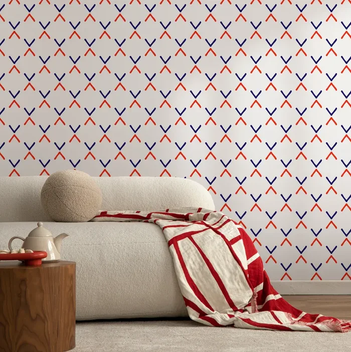 Geometric Wallpaper With A Minimalist Cross Motif In Red And Blue – D984