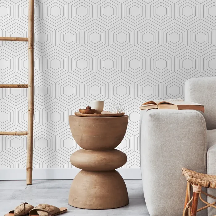 Geometric Wallpaper With A Minimalist Hexagon Line Art In Gray – A453