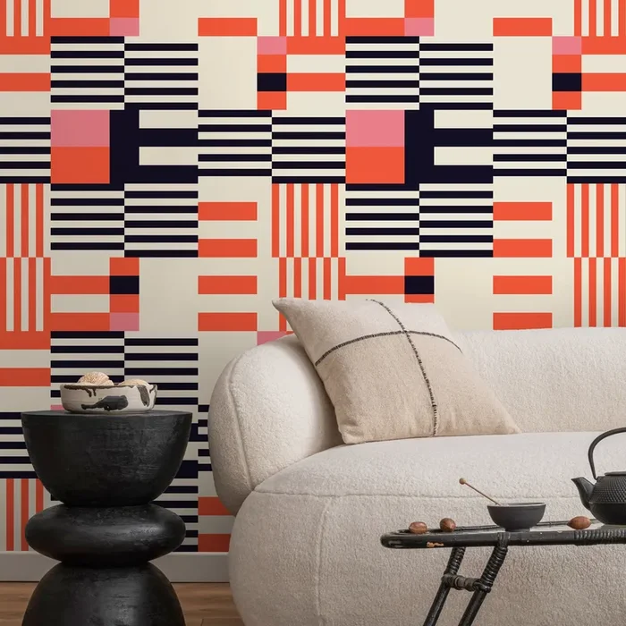 Geometric Wallpaper With A Modern Block And Stripe Motif In Black, Orange, And Pink – D848