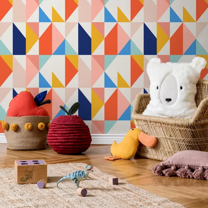 Geometric Wallpaper With A Modern Triangle Motif In Blue, Orange, And Yellow – B846