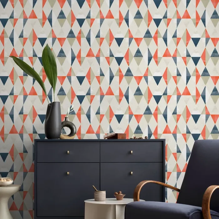 Geometric Wallpaper With A Retro Triangle Pattern In Blue, Orange, And Beige – A412