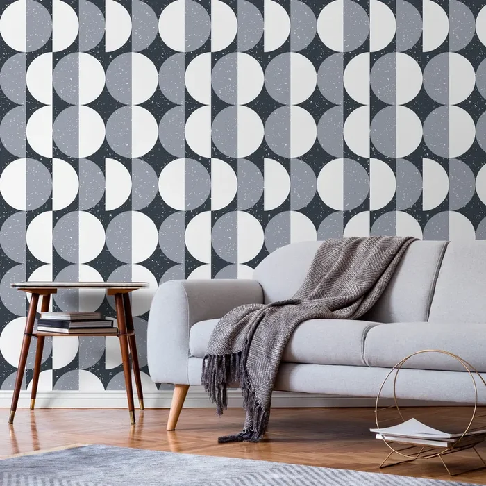 Geometric Wallpaper With A Scandinavian Circle Motif In Gray And White – D980