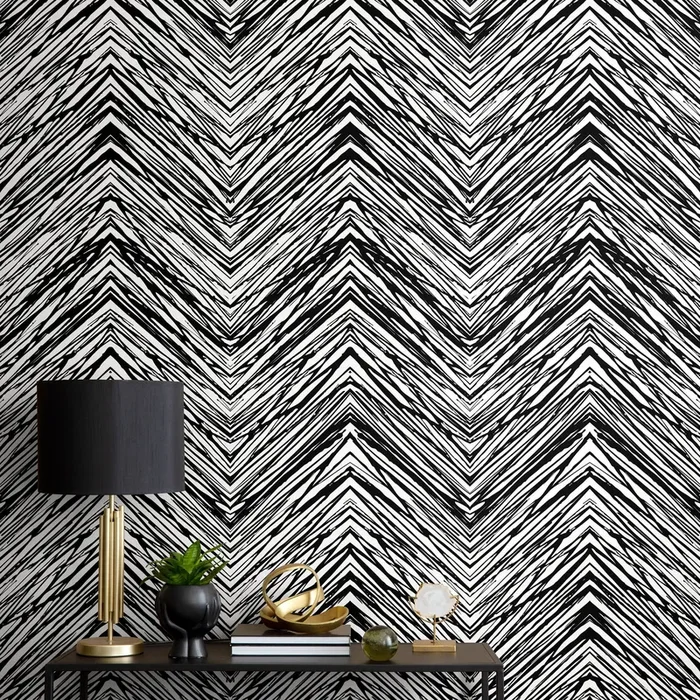 Geometric Wallpaper With A Sketched Chevron Motif In Black And White – D935