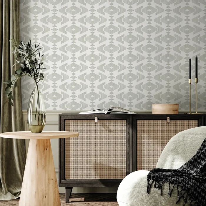 Geometric Wallpaper With A Sketched Diamond Motif In Sage Green – C981