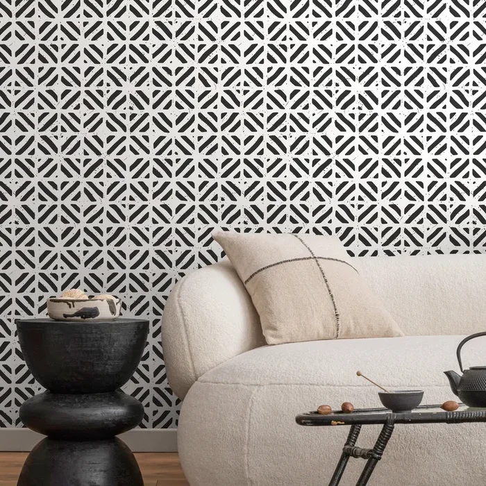 Geometric Wallpaper With A Stamped Crosshatch Motif In Black And White – A605