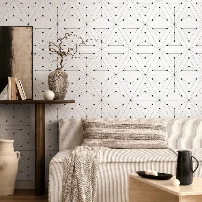 Geometric Wallpaper With A Starburst Line Motif In Black And White – B035