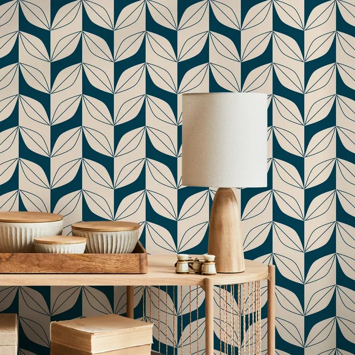 Geometric Wallpaper With A Stylized Leaf Motif In Teal And Beige – B442