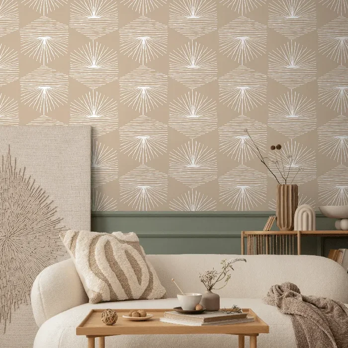 Geometric Wallpaper With A Sunburst Motif In Beige And White – B949