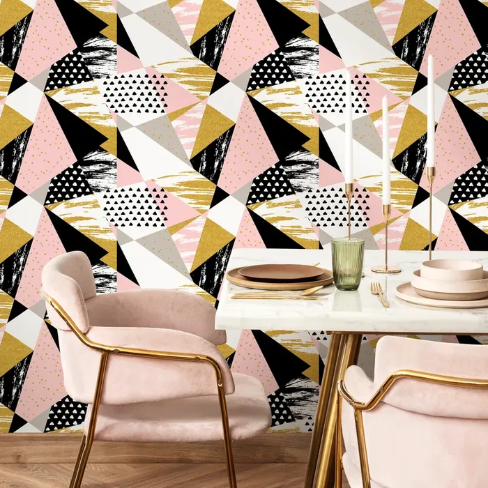 Geometric Wallpaper With A Textured Triangle Collage In Pink, Gold, And Black – A073