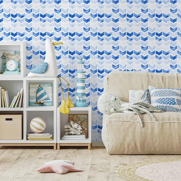 Geometric Wallpaper With A Watercolor Chevron Motif In Blue – A659