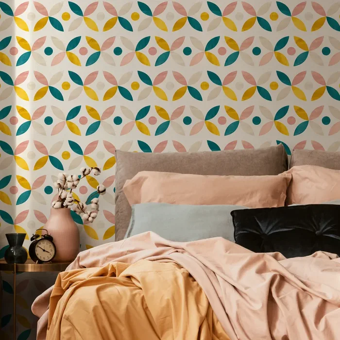 Geometric Wallpaper With Abstract Petals In Teal, Yellow, And Pink – C230