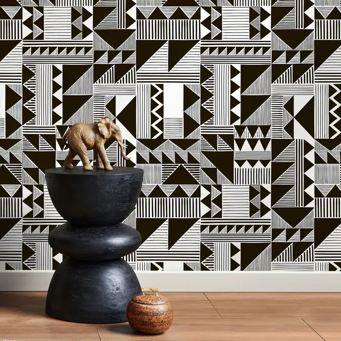 Geometric Wallpaper With An African Mudcloth Motif In Black And White – D947