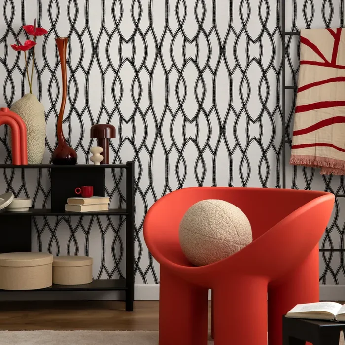 Geometric Wallpaper With An Interlocking Chain Motif In Black And White – C887