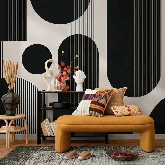 Geometric Wallpaper With Bold Arches And Stripes In Black And Beige – As2-c481