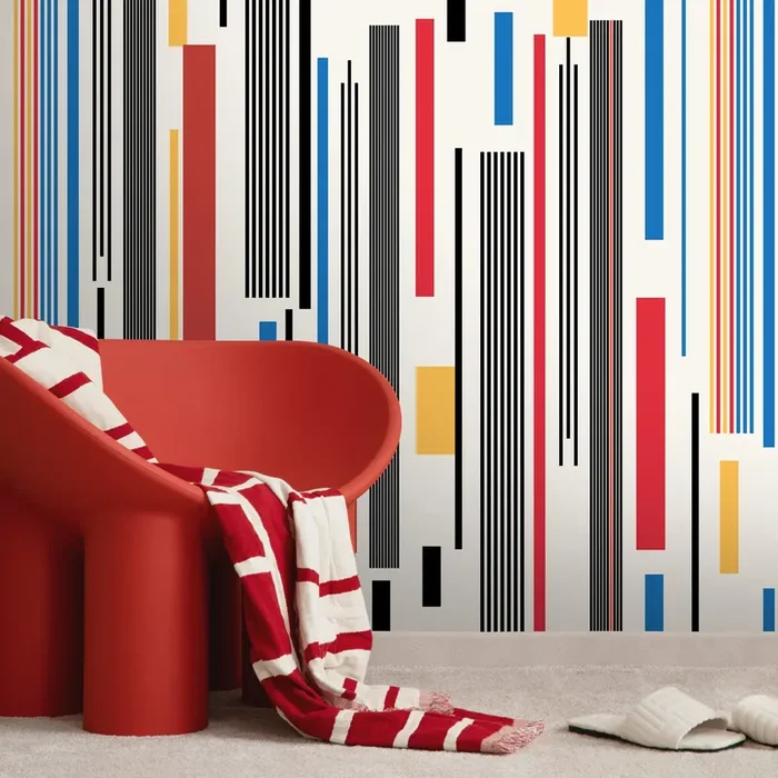 Geometric Wallpaper With Bold Vertical Stripes In Red, Blue, And Yellow – D741