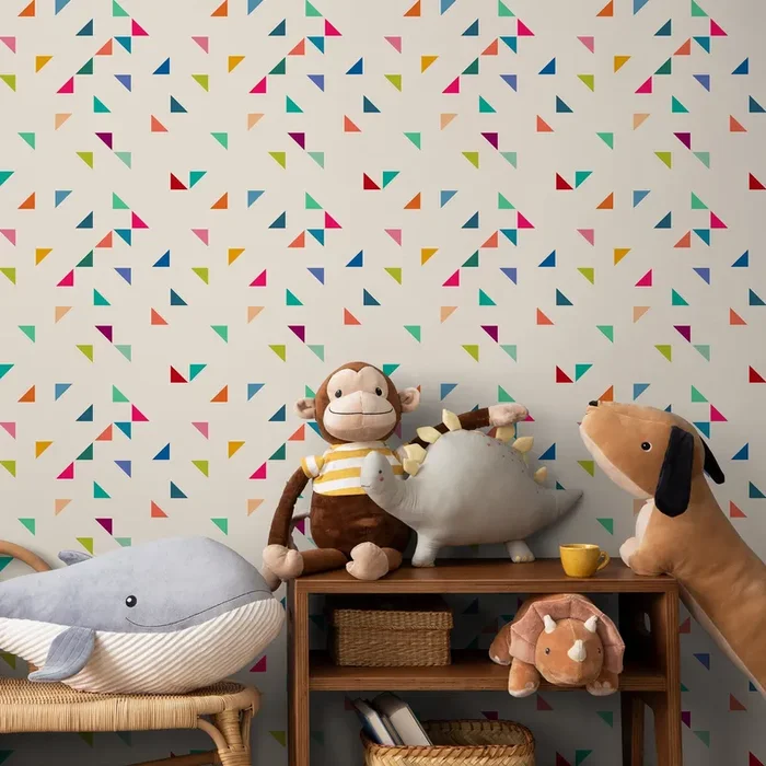 Geometric Wallpaper With Colorful Scattered Triangles In Blue, Pink, And Green – B292