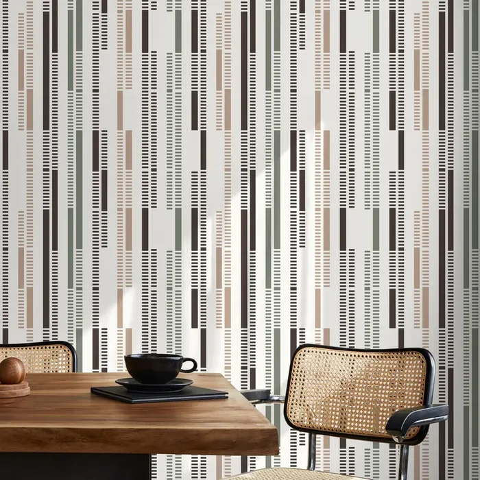 Geometric Wallpaper With Dashed Vertical Stripes In Brown, Green, And Taupe – D742