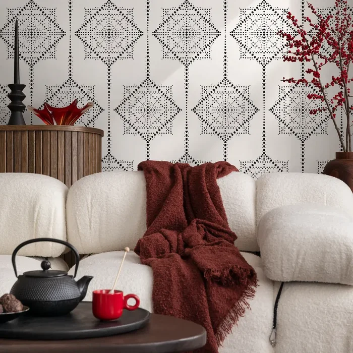 Geometric Wallpaper With Dotted Medallion Motifs In Black And White – C468