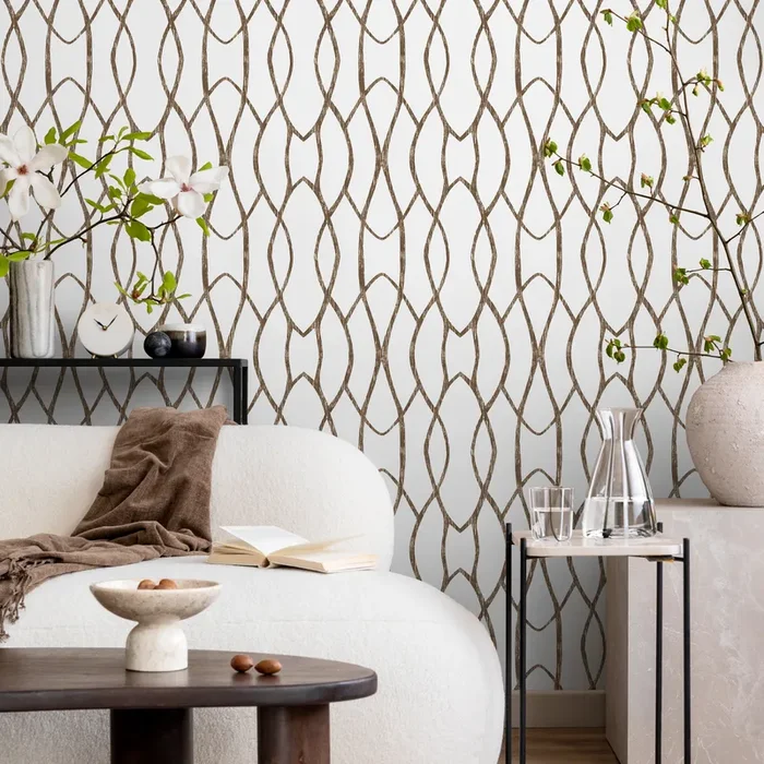 Geometric Wallpaper With Interlocking Wavy Lines In Brown And White – C889