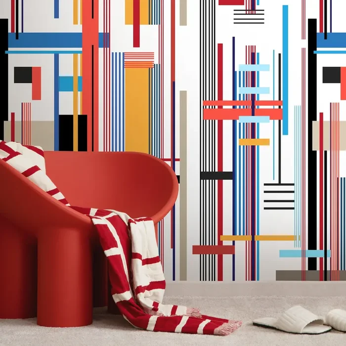 Geometric Wallpaper With Intersecting Lines In Red, Blue, And Yellow – D753