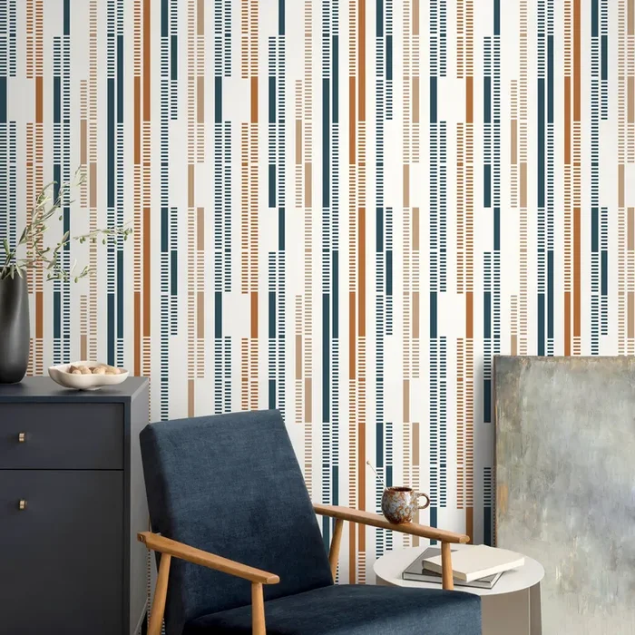 Geometric Wallpaper With Rhythmic Lines In Navy Blue, Terracotta, And Beige – D743