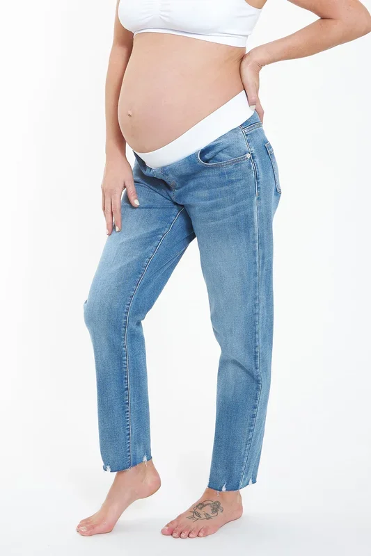 Girlfriend maternity jeans with raw hem edges
