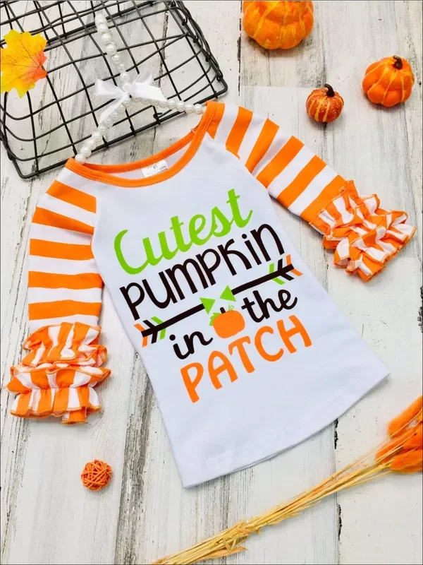 Girls “Cutest Pumpkin in the Patch ” Long Striped Ruffled Raglan Sleeve Top
