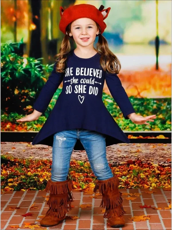 Girls “She Believed She Could So She Did ” Hi-Lo Long Sleeve Graphic Statement Top