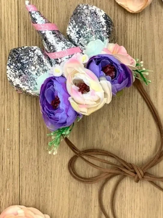 Girls Flower Unicorn Sequin Ears Headband