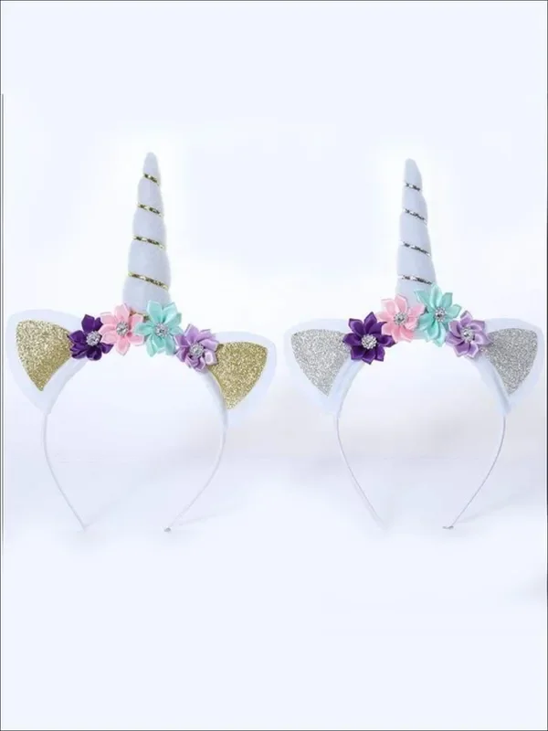 Girls Gold and Silver Glitter Flower Unicorn Headband