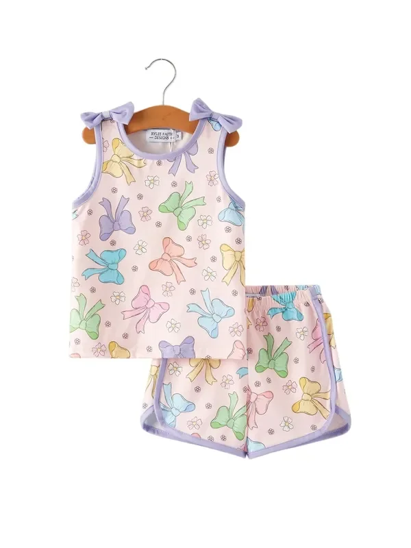 Girls Purple Bow Sleeveless Vest Top And Shorts Set