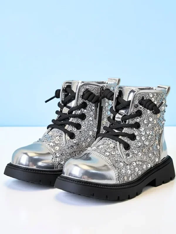 Girls Silver Sequined Combat Boots by Liv and Mia