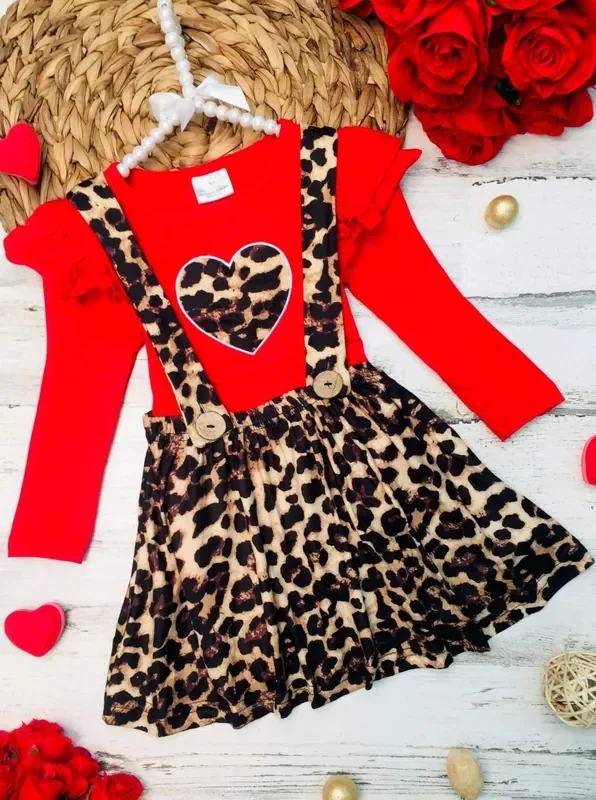 Girls Untamed Heart Animal Print Long Sleeve Shirt and Pinafore Skirt Set