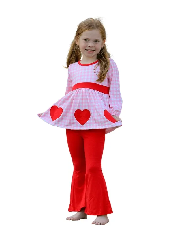 Girls Valentine’s Day Heart Applique Plaid Outfits Set