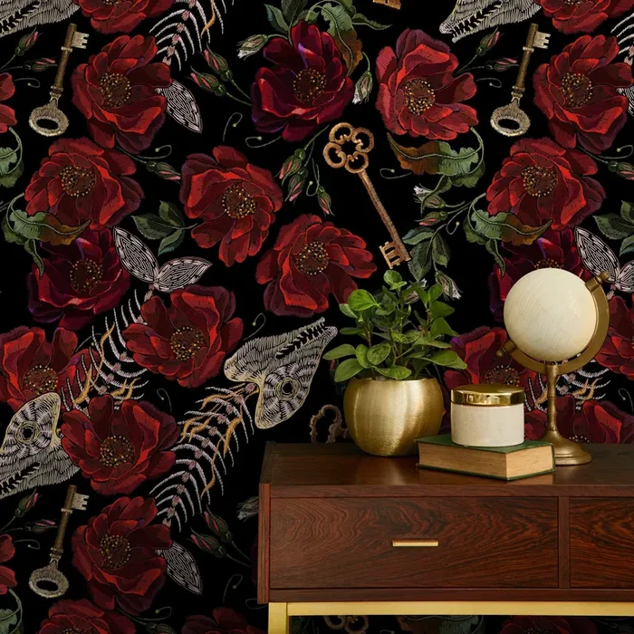 Gothic Wallpaper With An Embroidered Motif Of Flowers And Keys In Red, Black, And Gold – D918