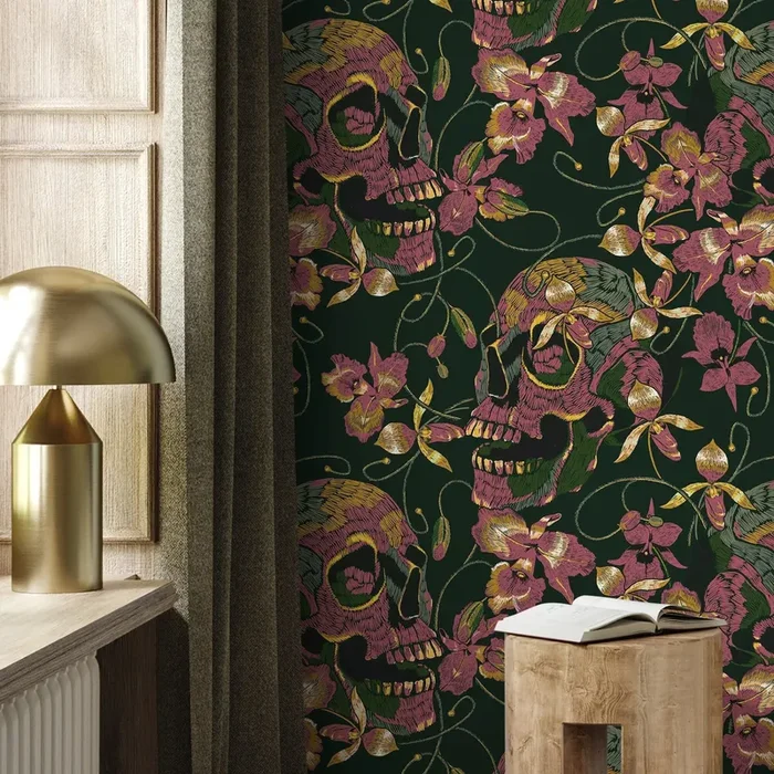 Gothic Wallpaper With An Embroidered Skull And Orchid Motif In Green, Pink, And Gold – D894