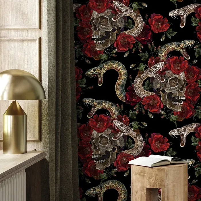 Gothic Wallpaper With An Embroidered Skull And Snake Motif In Black, Red, And Brown – D899