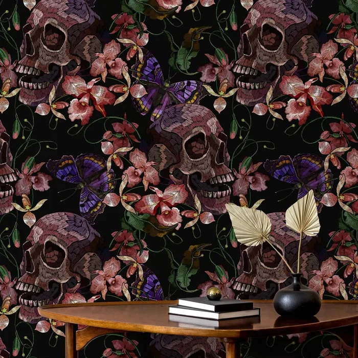 Gothic Wallpaper With Embroidered Skulls And Butterflies In Purple And Pink – D898