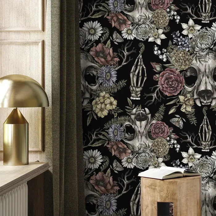 Gothic Wallpaper With Floral Skulls In Muted Rose, Yellow, And Purple – D832