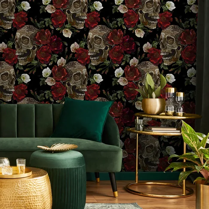 Gothic Wallpaper With Skulls And Roses In Black, Red, And Beige – D905