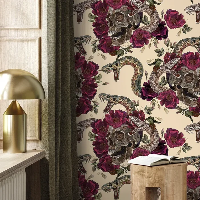 Gothic Wallpaper With Skulls, Snakes, And Roses In Burgundy And Brown – D902